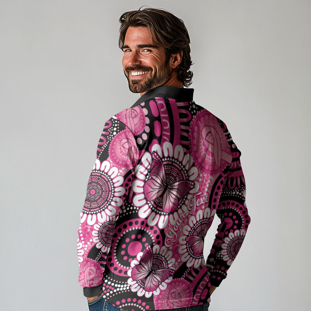 Personalised Australia Indigenous Long Sleeve Polo Shirt Breast Cancer Ribbon Think Pink - Black Version