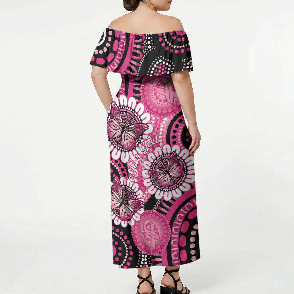 Personalised Australia Indigenous Off Shoulder Maxi Dress Breast Cancer Ribbon Think Pink - Black Version