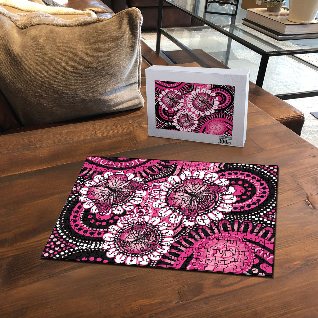 Personalised Australia Indigenous Puzzle Breast Cancer Ribbon Think Pink - Black Version