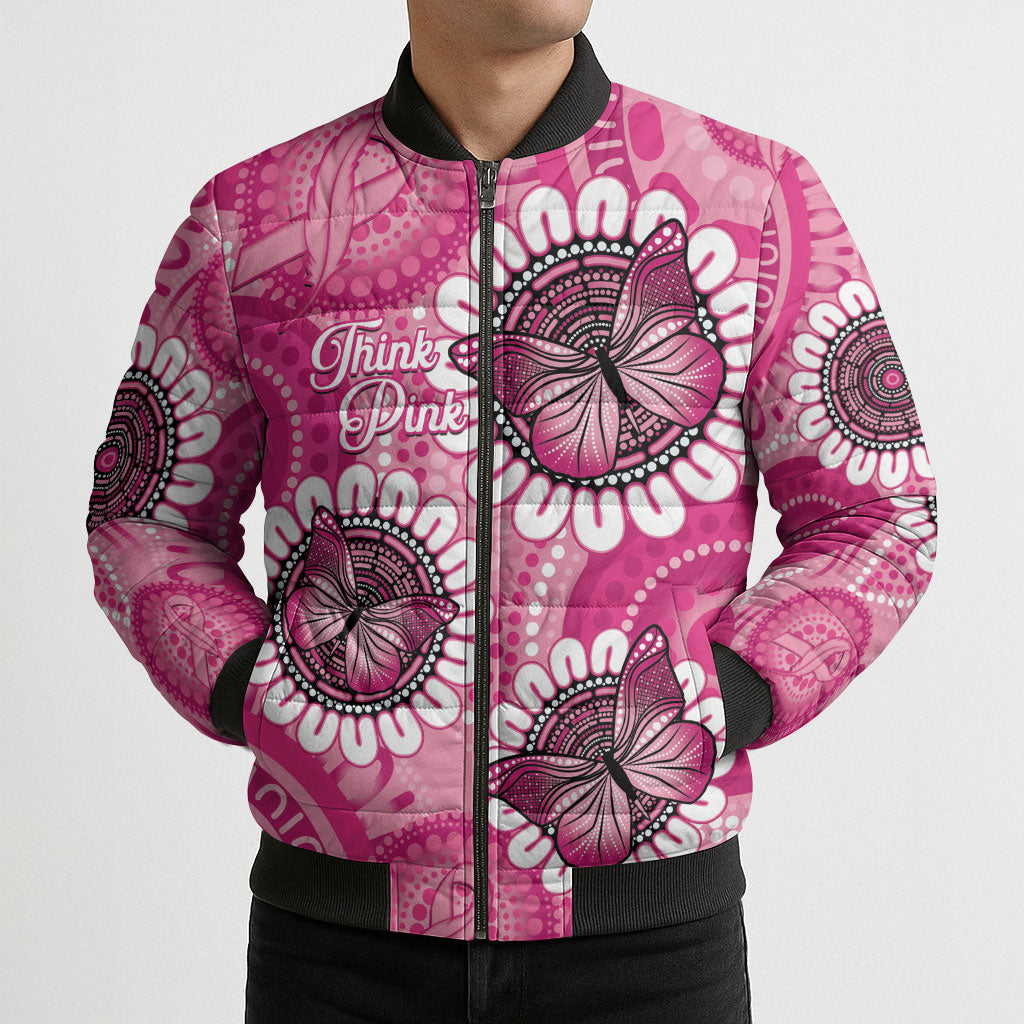 Personalised Australia Indigenous Bomber Puffer Jacket Breast Cancer Ribbon Think Pink - Pink Version