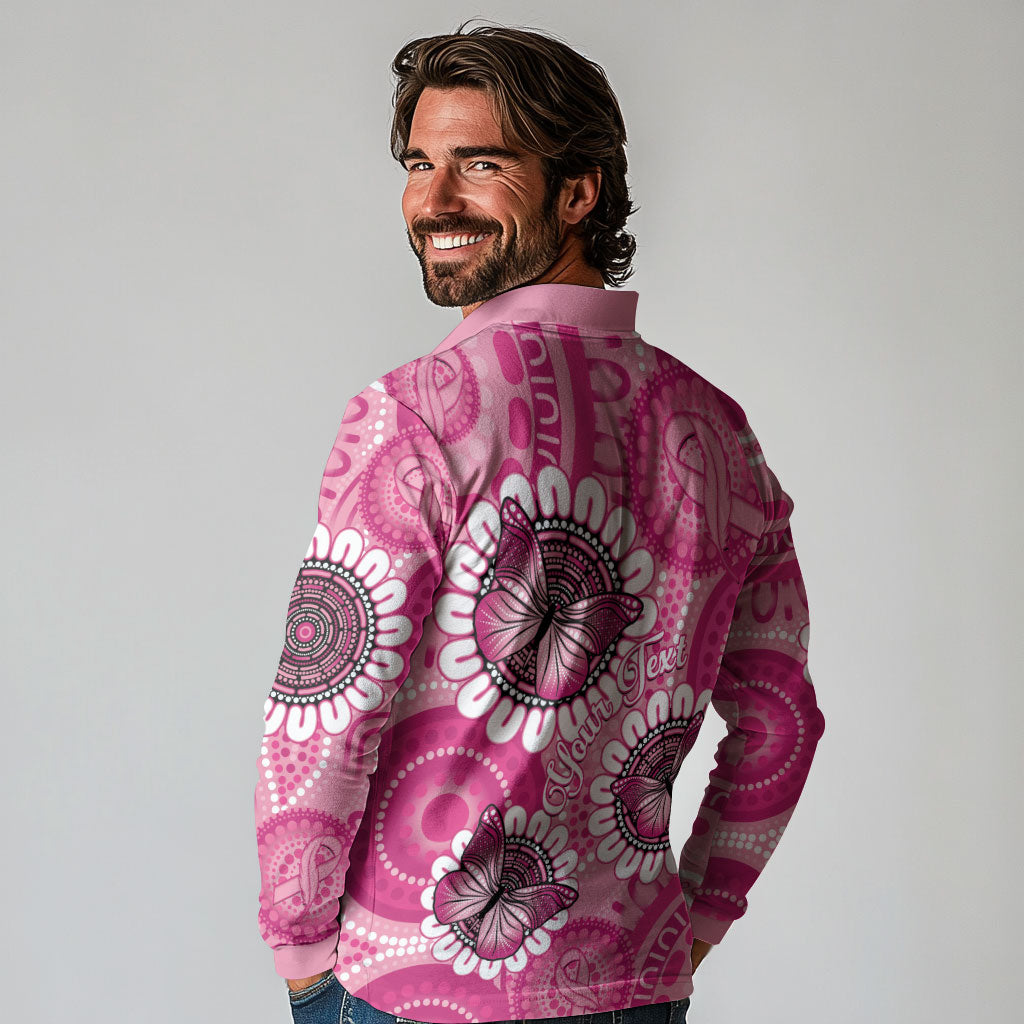 Personalised Australia Indigenous Long Sleeve Polo Shirt Breast Cancer Ribbon Think Pink - Pink Version