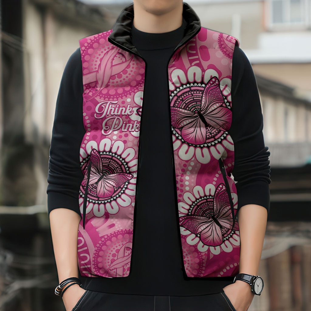 Personalised Australia Indigenous Sleeveless Puffer Jacket Breast Cancer Ribbon Think Pink - Pink Version