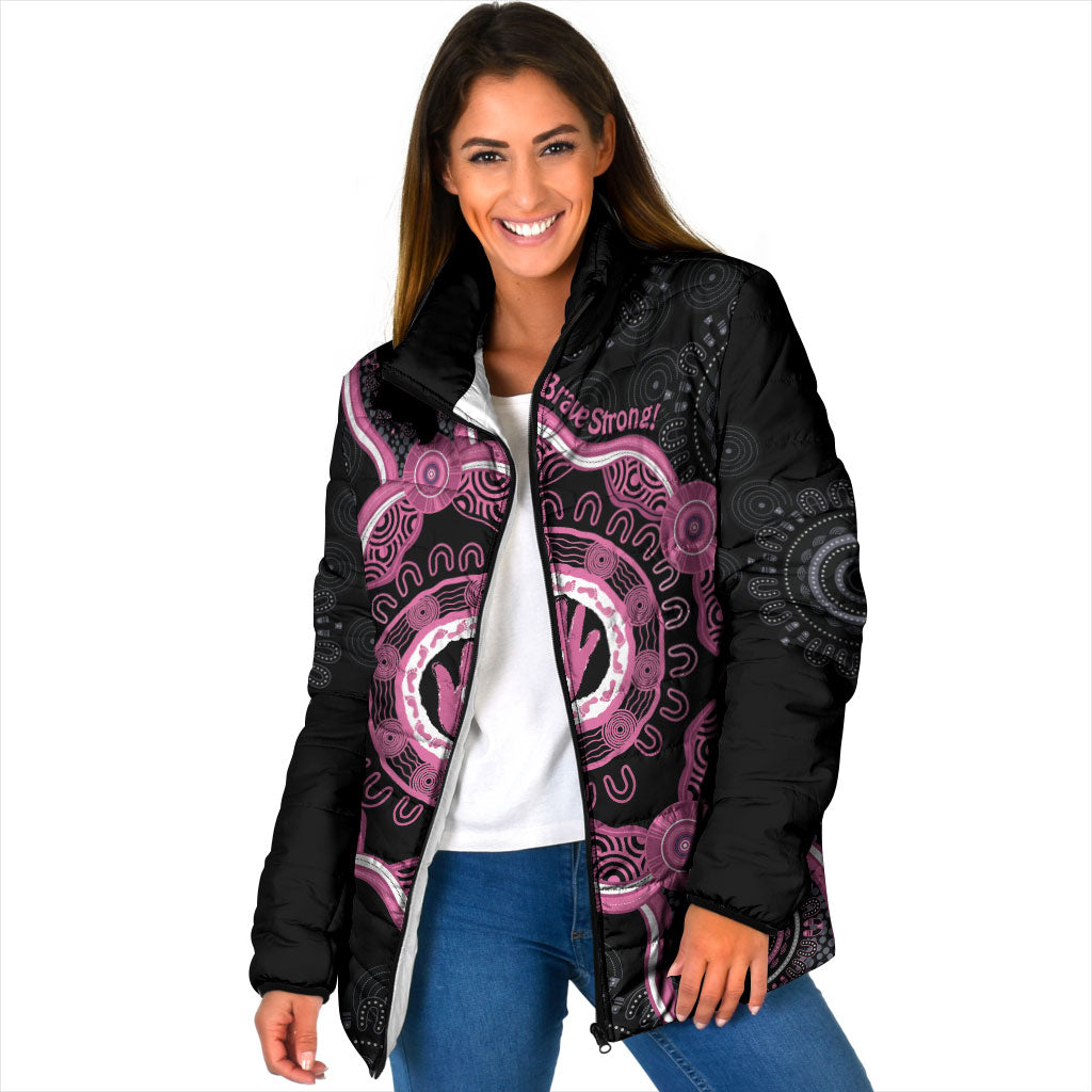 Personalised Australia Breast Cancer Support Padded Jacket Brave Strong Aboriginal Art