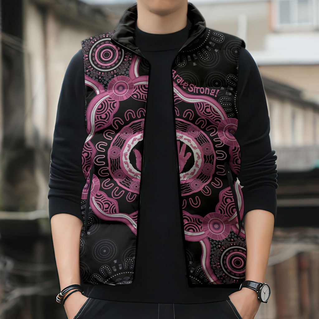 Personalised Australia Breast Cancer Support Sleeveless Puffer Jacket Brave Strong Aboriginal Art