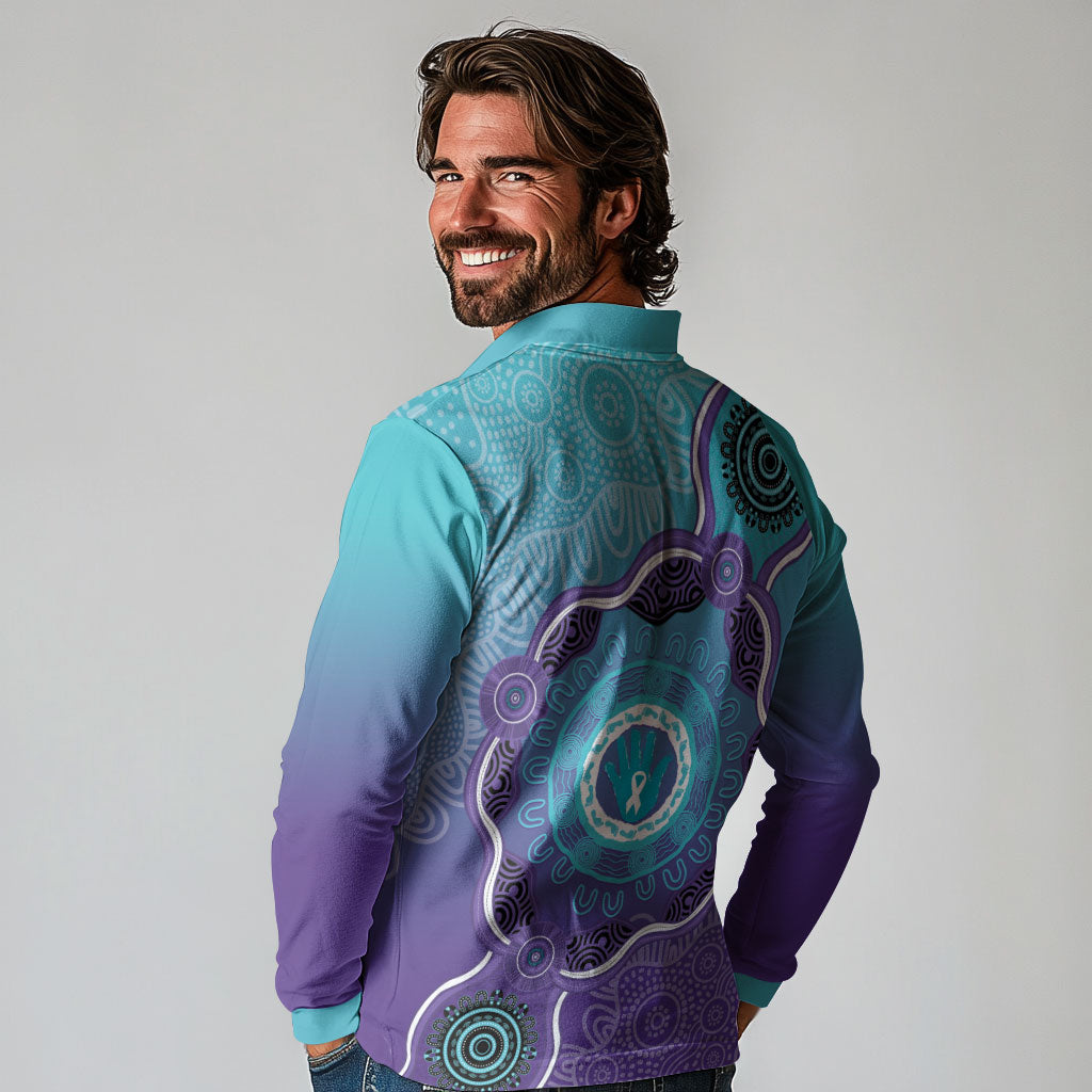 Australia Indigenous Long Sleeve Polo Shirt Suicide Prevention Month Ribbon Aboriginal Art