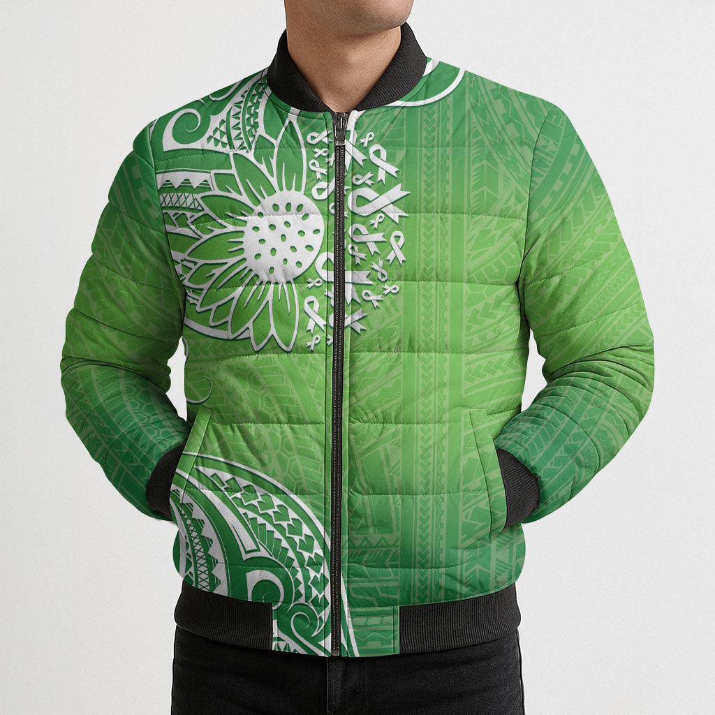 Polynesia Depression Support Bomber Puffer Jacket Sunflower Green Ribbons Polynesian Tattoo