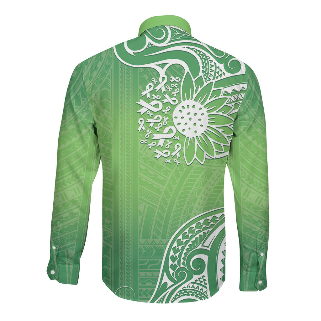 Polynesia Depression Support Long Sleeve Button Shirt Sunflower Green Ribbons Polynesian Tattoo