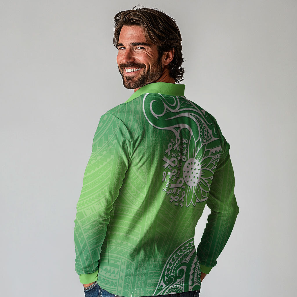 Polynesia Depression Support Long Sleeve Polo Shirt Sunflower Green Ribbons Polynesian Tattoo