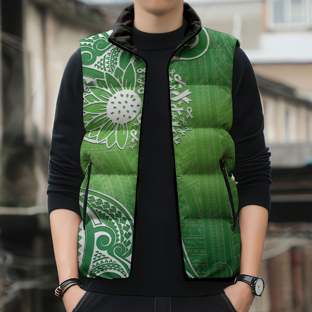 Polynesia Depression Support Sleeveless Puffer Jacket Sunflower Green Ribbons Polynesian Tattoo