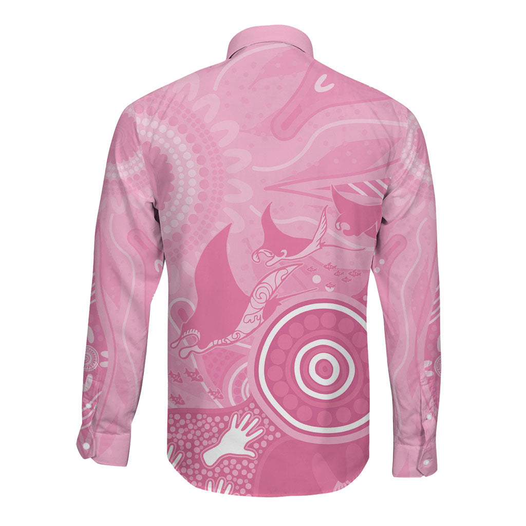 Australia Breast Cancer Support Long Sleeve Button Shirt Pink Ribbon Manta Ray Aboriginal Art
