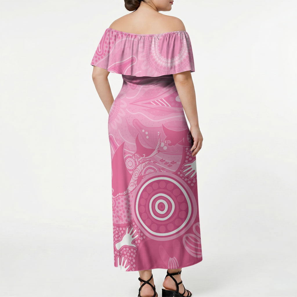 Australia Breast Cancer Support Off Shoulder Maxi Dress Pink Ribbon Manta Ray Aboriginal Art