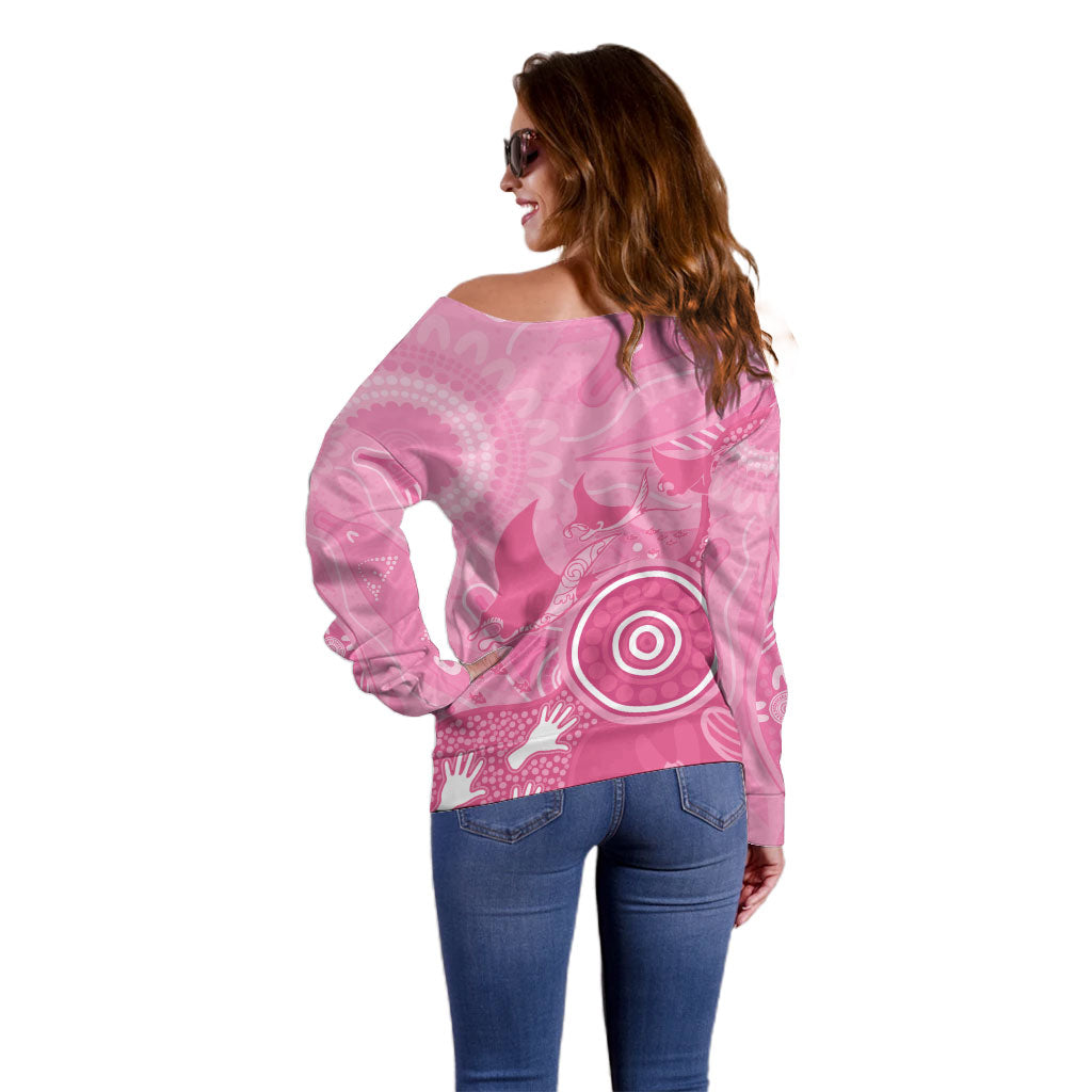 Australia Breast Cancer Support Off Shoulder Sweater Pink Ribbon Manta Ray Aboriginal Art