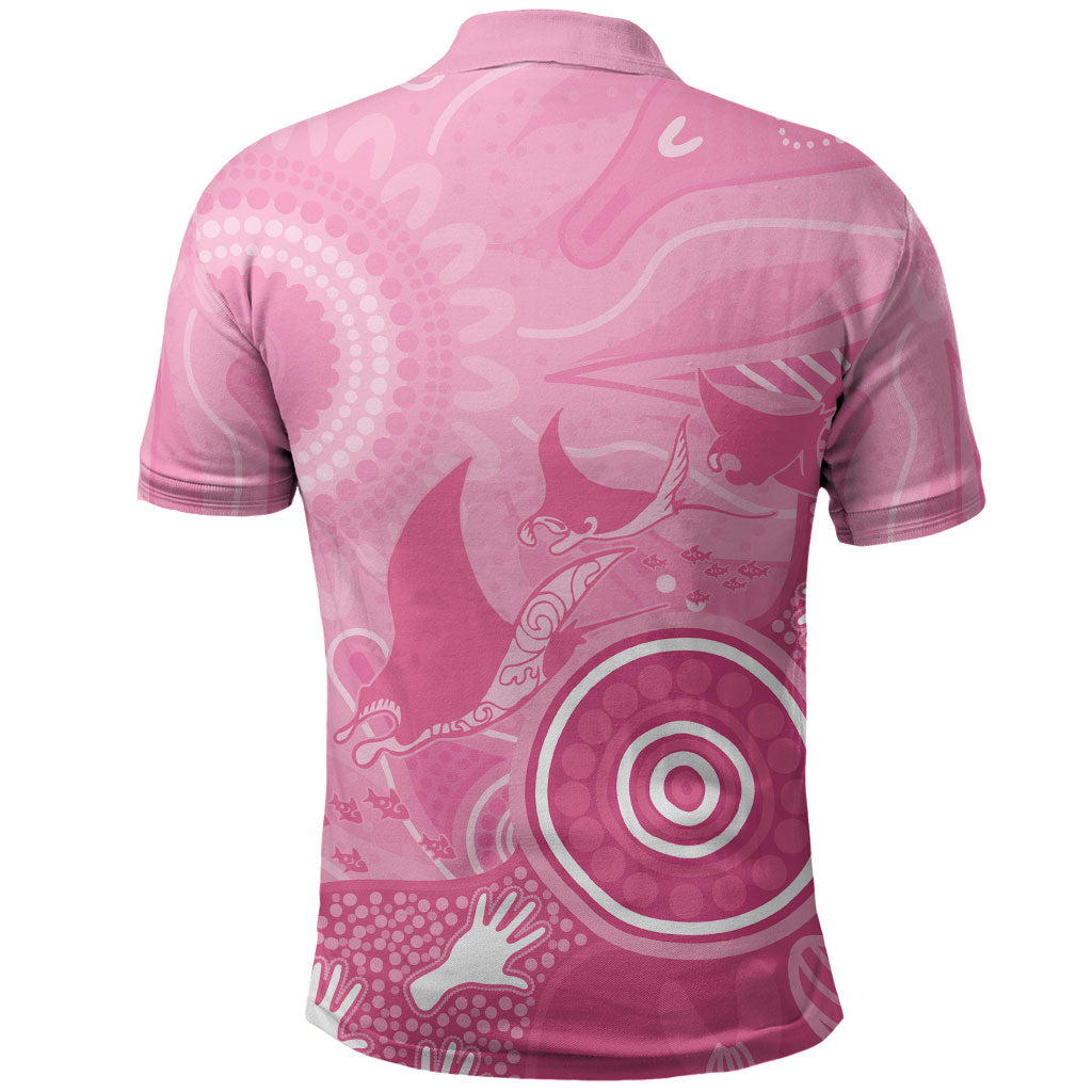 Australia Breast Cancer Support Polo Shirt Pink Ribbon Manta Ray Aboriginal Art