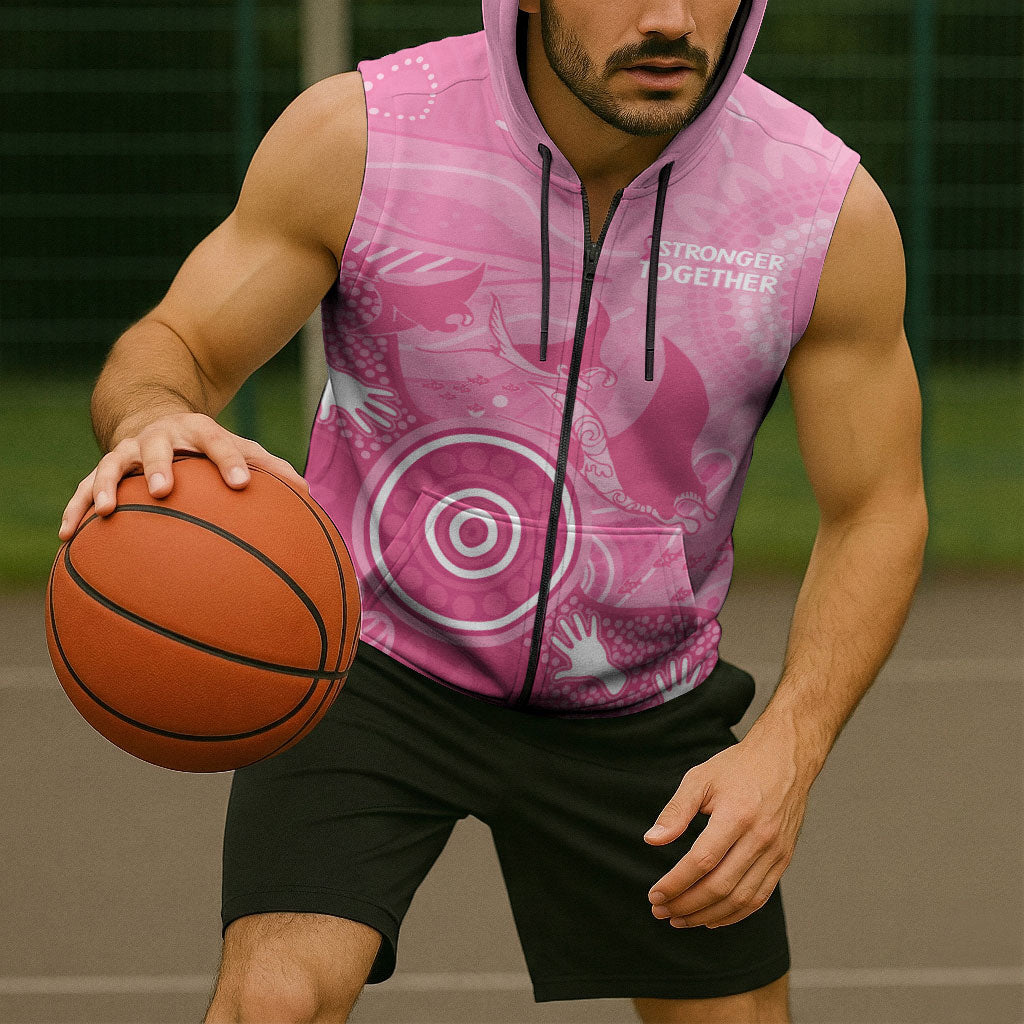 Australia Breast Cancer Support Sleeveless Zip Hoodie Pink Ribbon Manta Ray Aboriginal Art