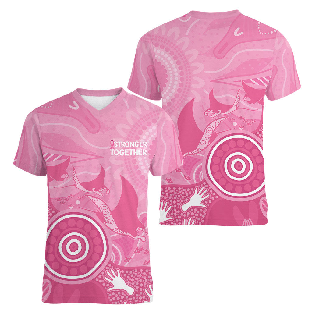 Australia Breast Cancer Support Women V-Neck T-Shirt Pink Ribbon Manta Ray Aboriginal Art