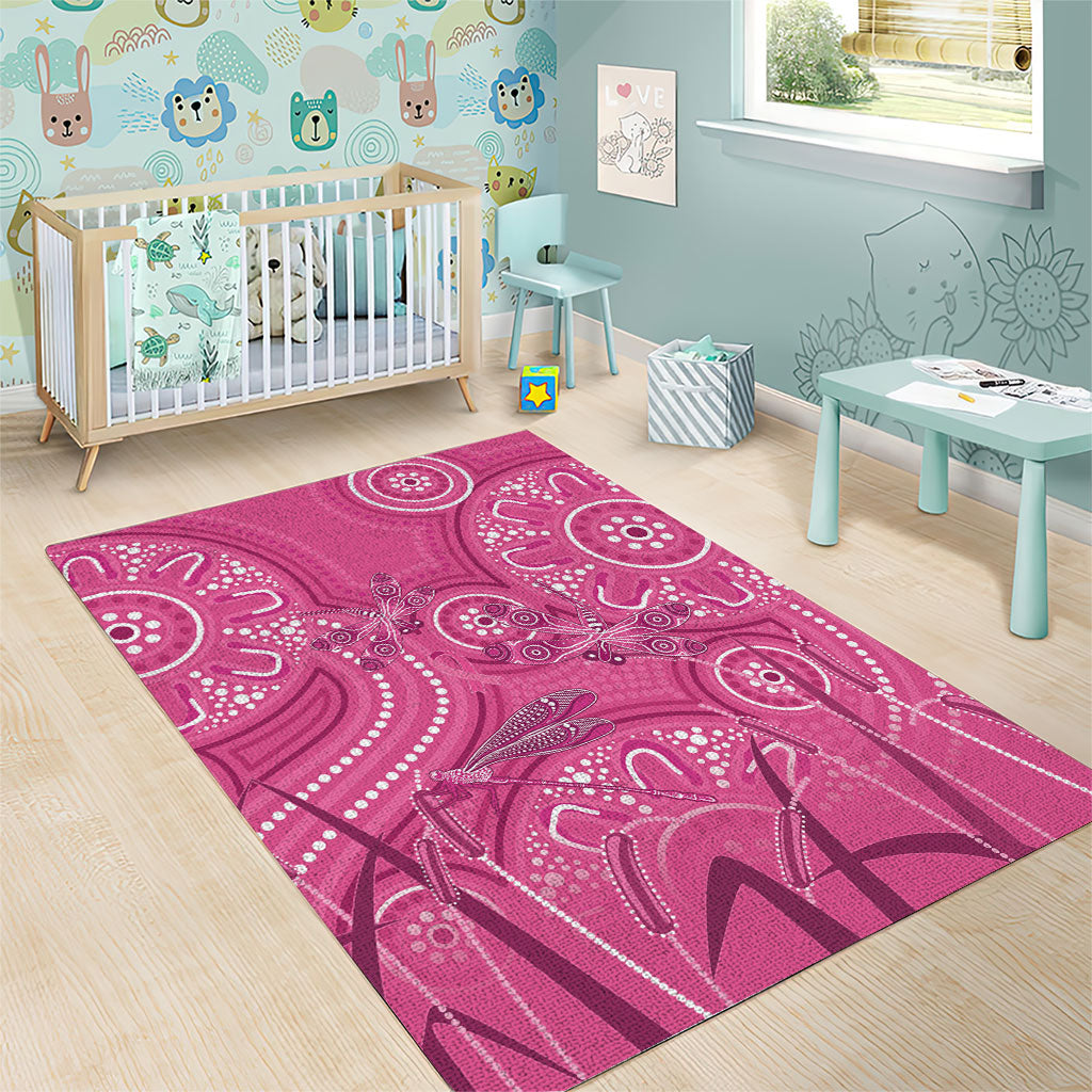 Australia Indigenous Pink Month Area Rug Breast Cancer Aboriginal Dragonflies Ribbon