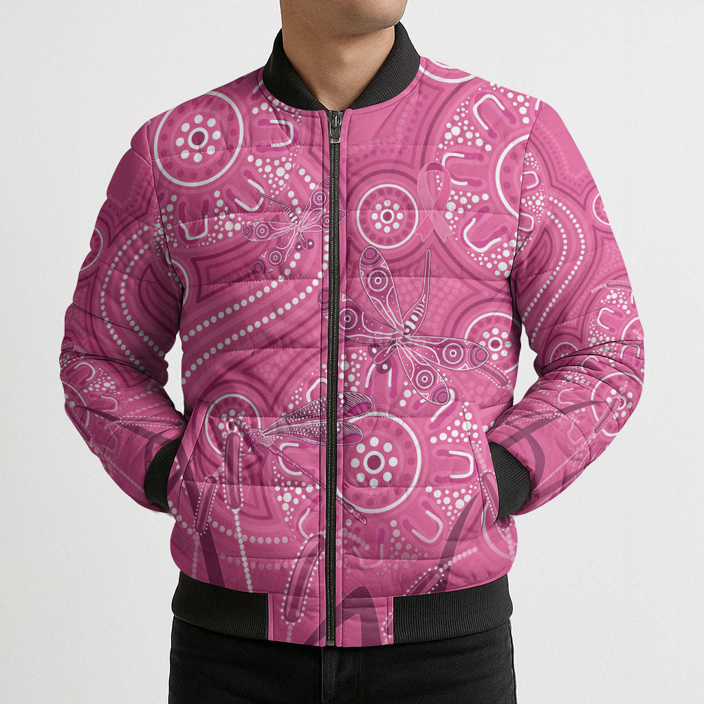 Australia Indigenous Pink Month Bomber Puffer Jacket Breast Cancer Aboriginal Dragonflies Ribbon