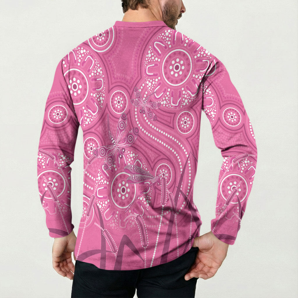 Australia Indigenous Pink Month Button Sweatshirt Breast Cancer Aboriginal Dragonflies Ribbon