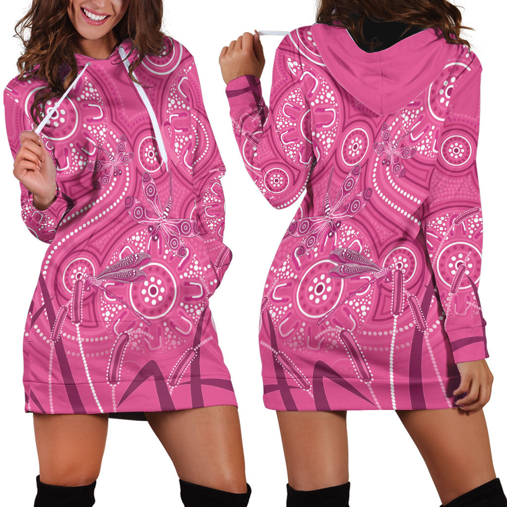 Australia Indigenous Pink Month Hoodie Dress Breast Cancer Aboriginal Dragonflies Ribbon