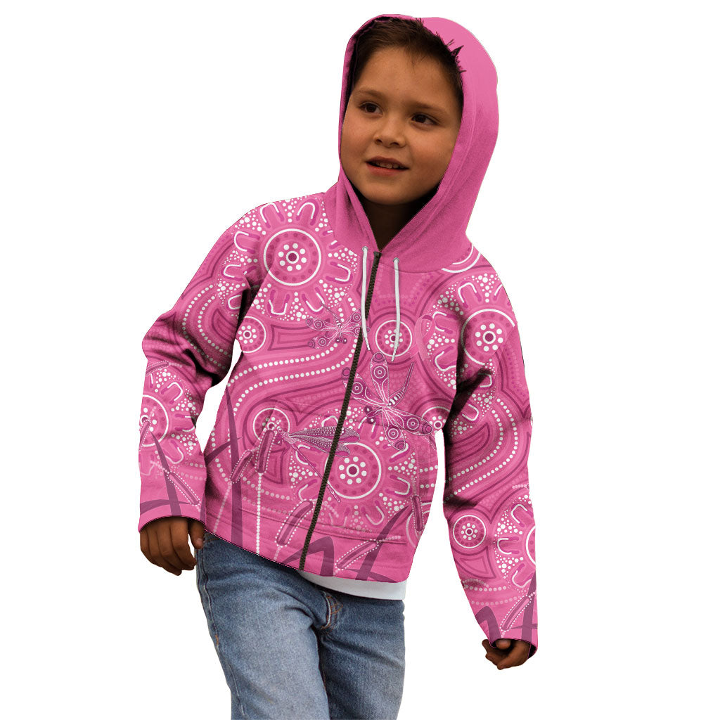 Australia Indigenous Pink Month Kid Hoodie Breast Cancer Aboriginal Dragonflies Ribbon
