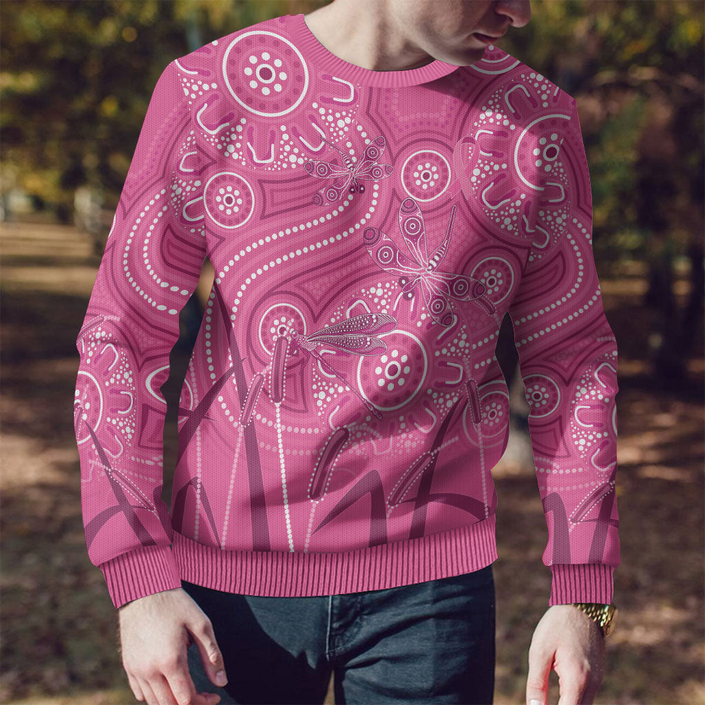 Australia Indigenous Pink Month Ugly Christmas Sweater Breast Cancer Aboriginal Dragonflies Ribbon