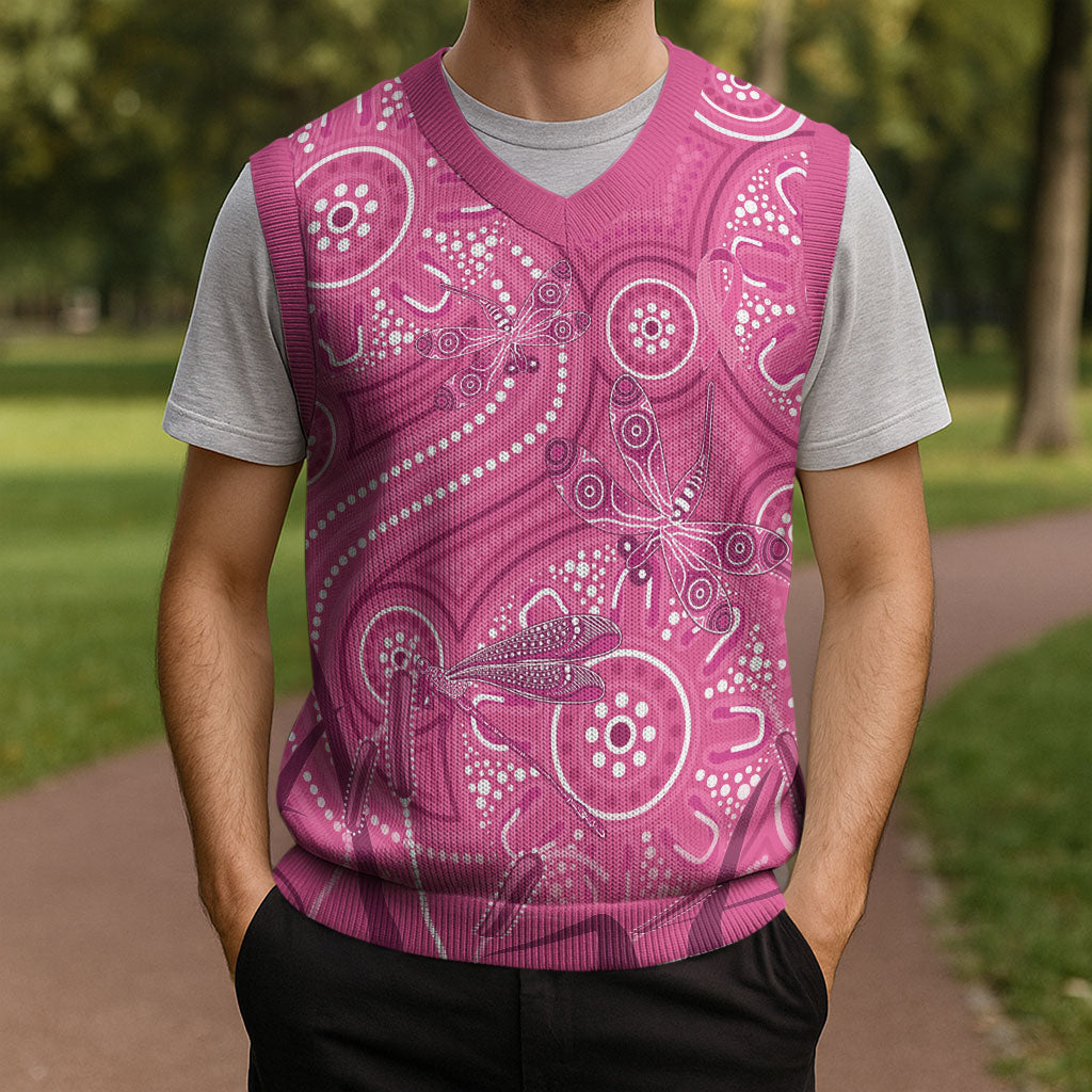 Australia Indigenous Pink Month Christmas Knitted V-Neck Vest Breast Cancer Aboriginal Dragonflies Ribbon