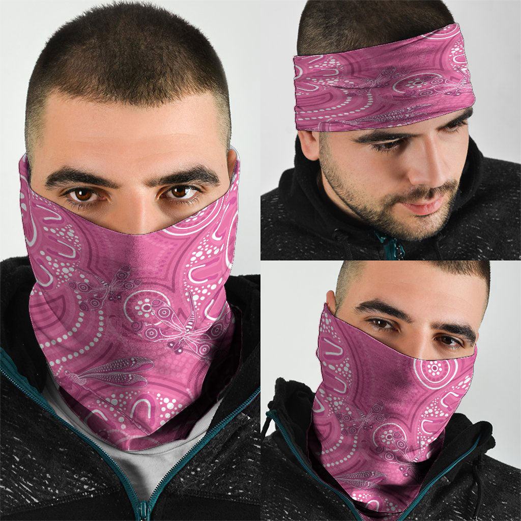 Australia Indigenous Pink Month Neck Gaiter Breast Cancer Aboriginal Dragonflies Ribbon