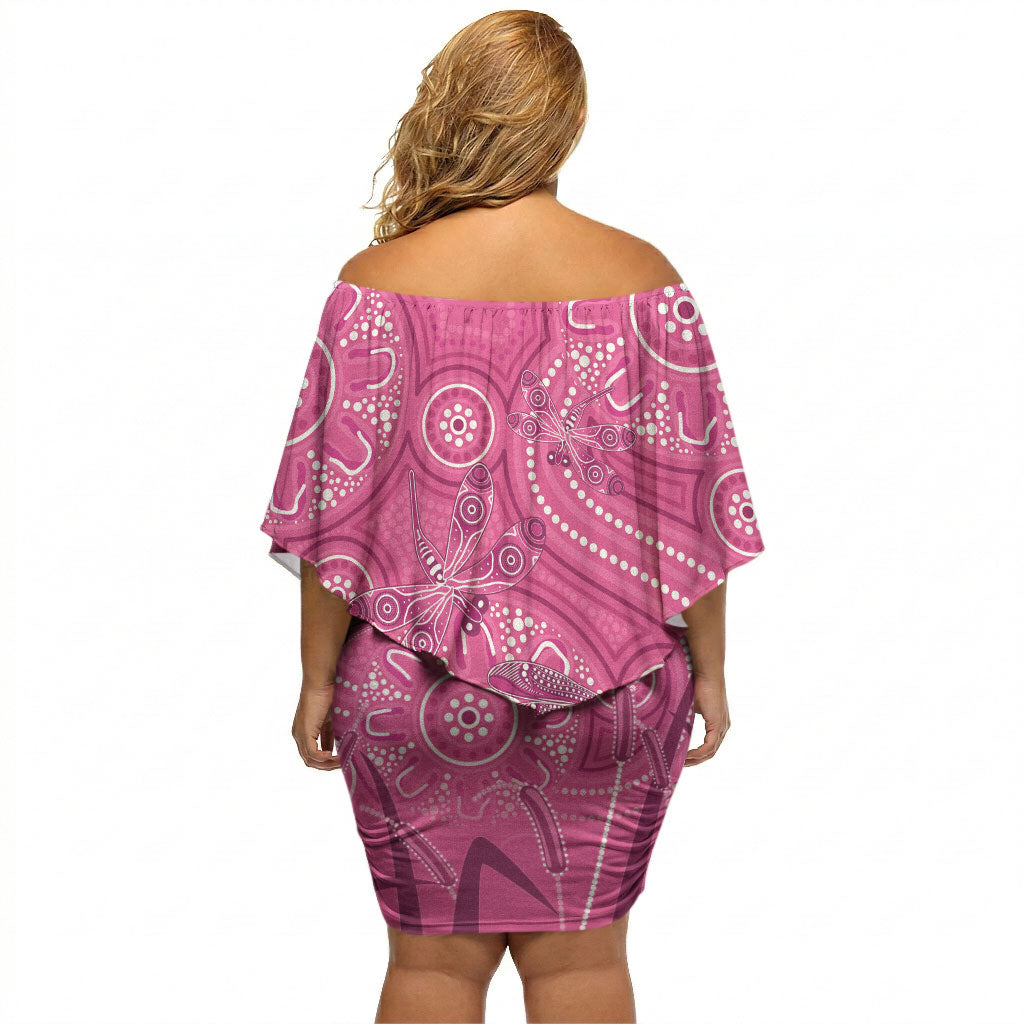 Australia Indigenous Pink Month Off Shoulder Short Dress Breast Cancer Aboriginal Dragonflies Ribbon