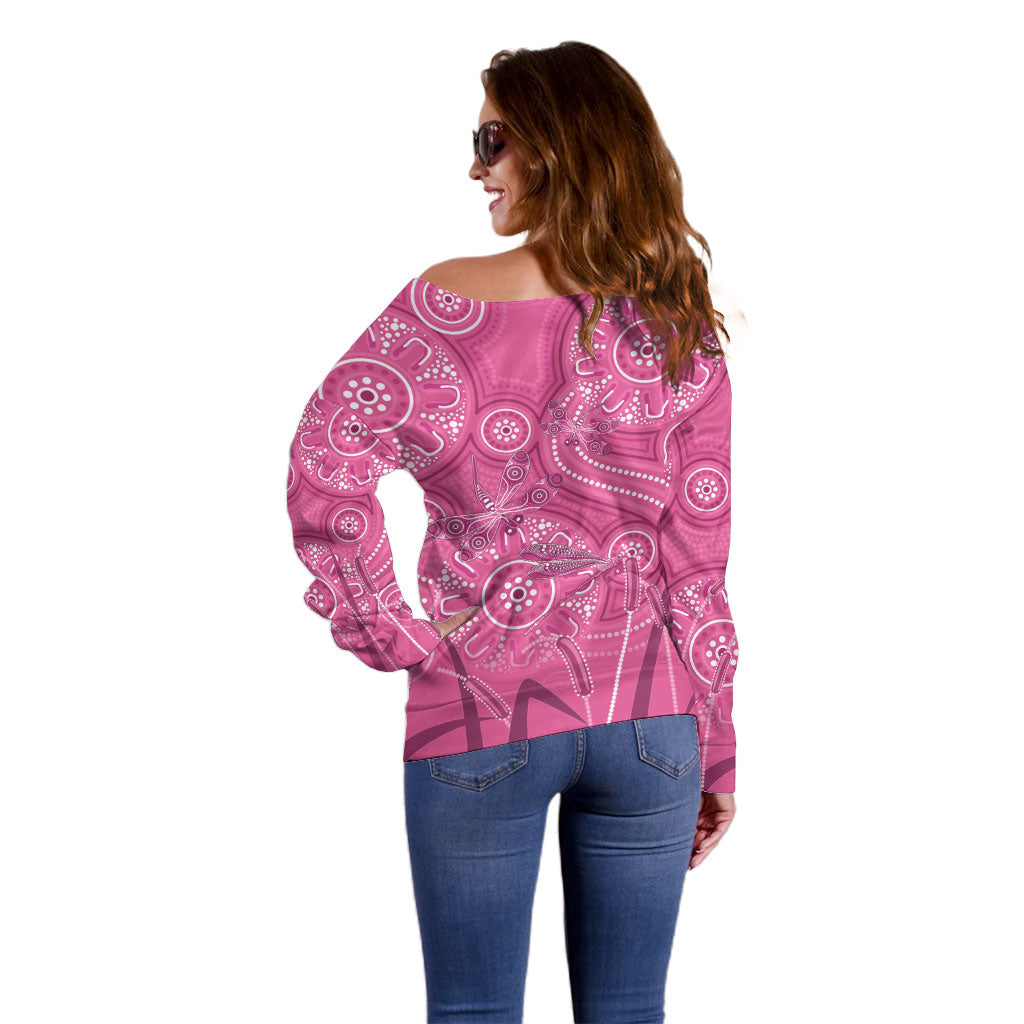 Australia Indigenous Pink Month Off Shoulder Sweater Breast Cancer Aboriginal Dragonflies Ribbon