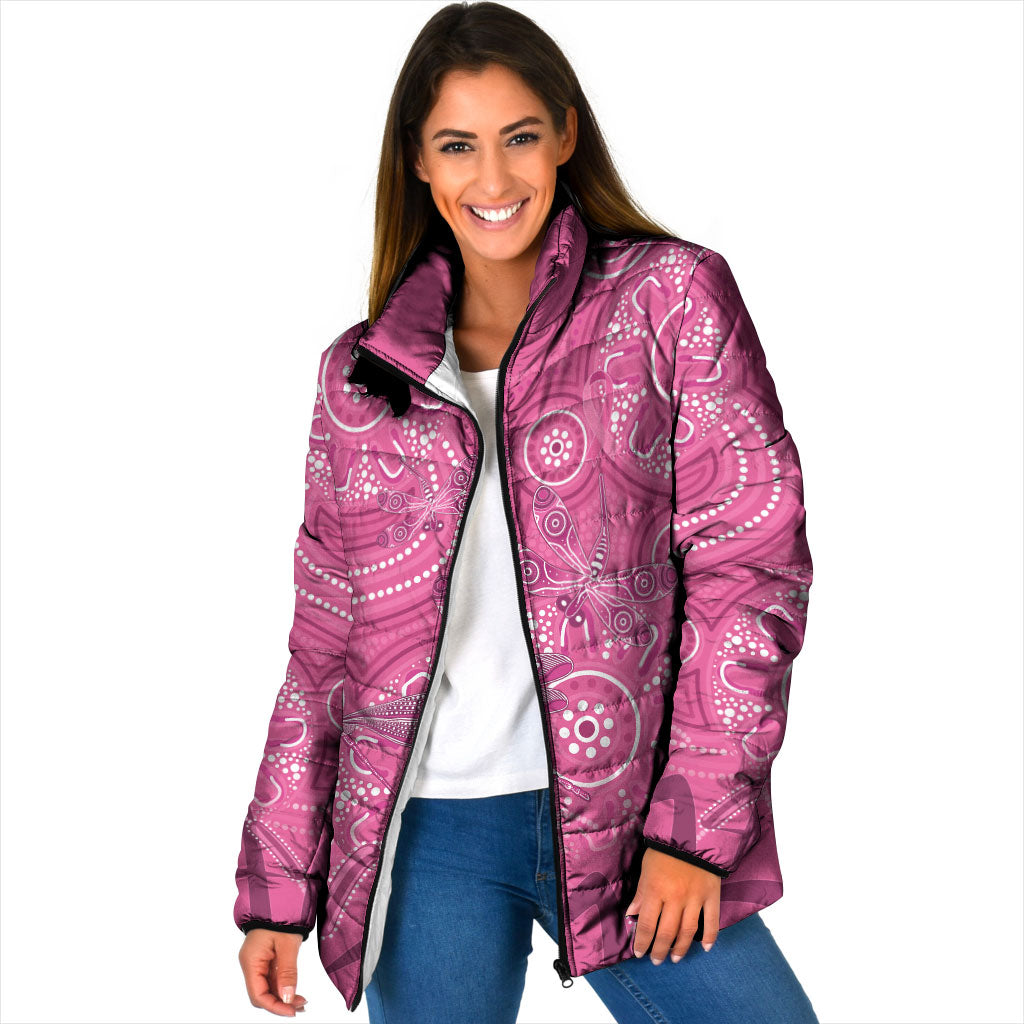 Australia Indigenous Pink Month Padded Jacket Breast Cancer Aboriginal Dragonflies Ribbon
