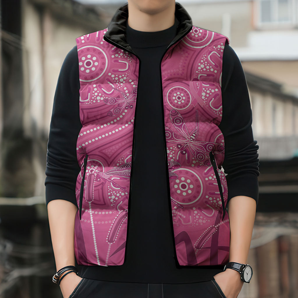 Australia Indigenous Pink Month Sleeveless Puffer Jacket Breast Cancer Aboriginal Dragonflies Ribbon