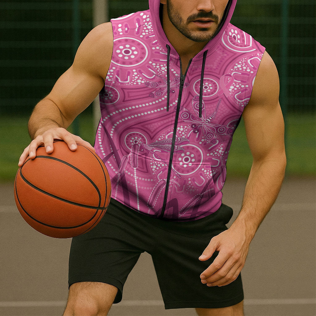 Australia Indigenous Pink Month Sleeveless Zip Hoodie Breast Cancer Aboriginal Dragonflies Ribbon