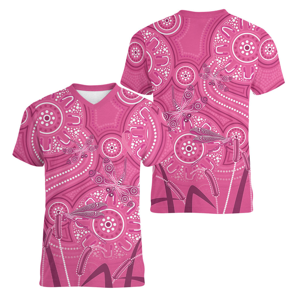 Australia Indigenous Pink Month Women V-Neck T-Shirt Breast Cancer Aboriginal Dragonflies Ribbon