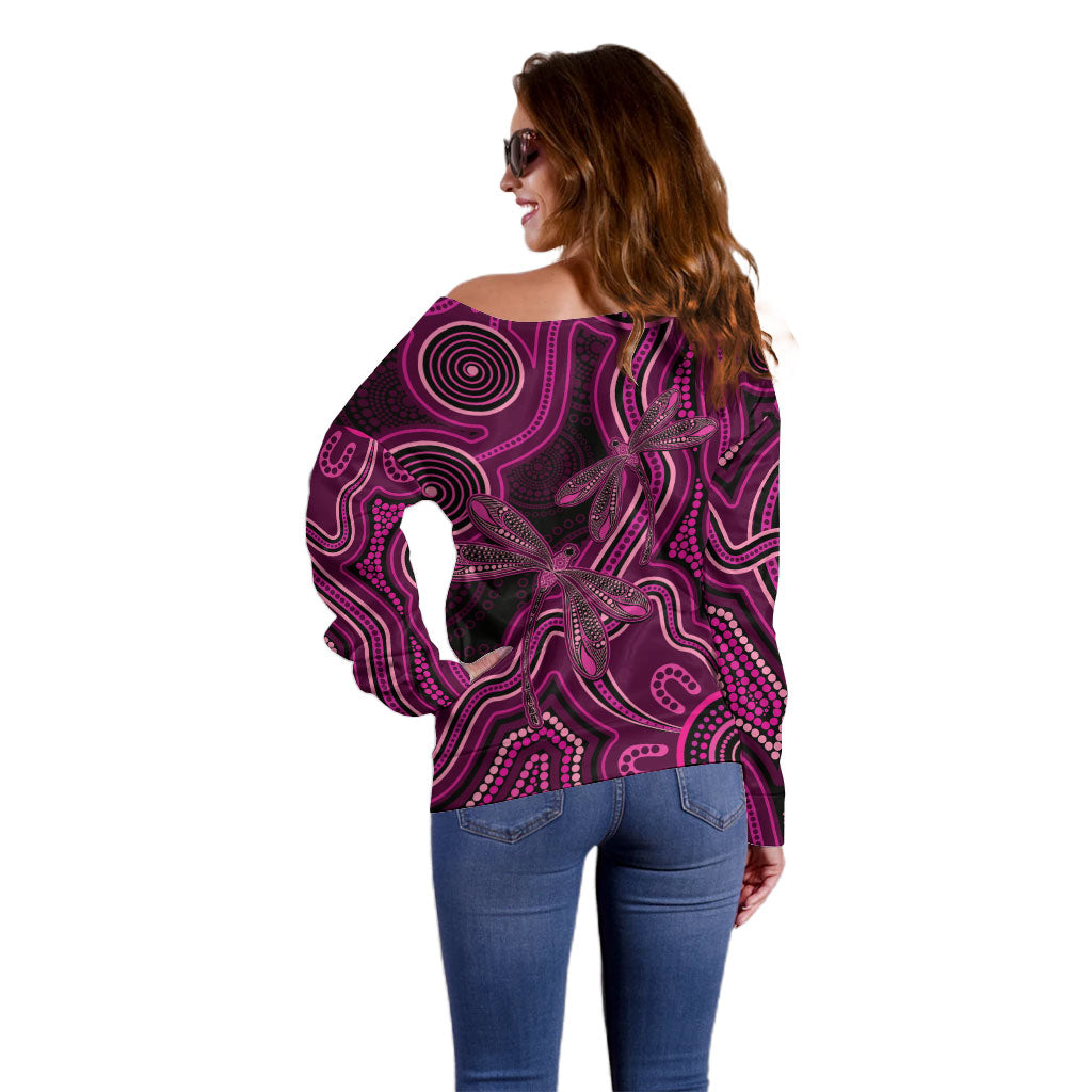 Australia Breast Cancer Support Off Shoulder Sweater Pink Dragonflies Aboriginal Art