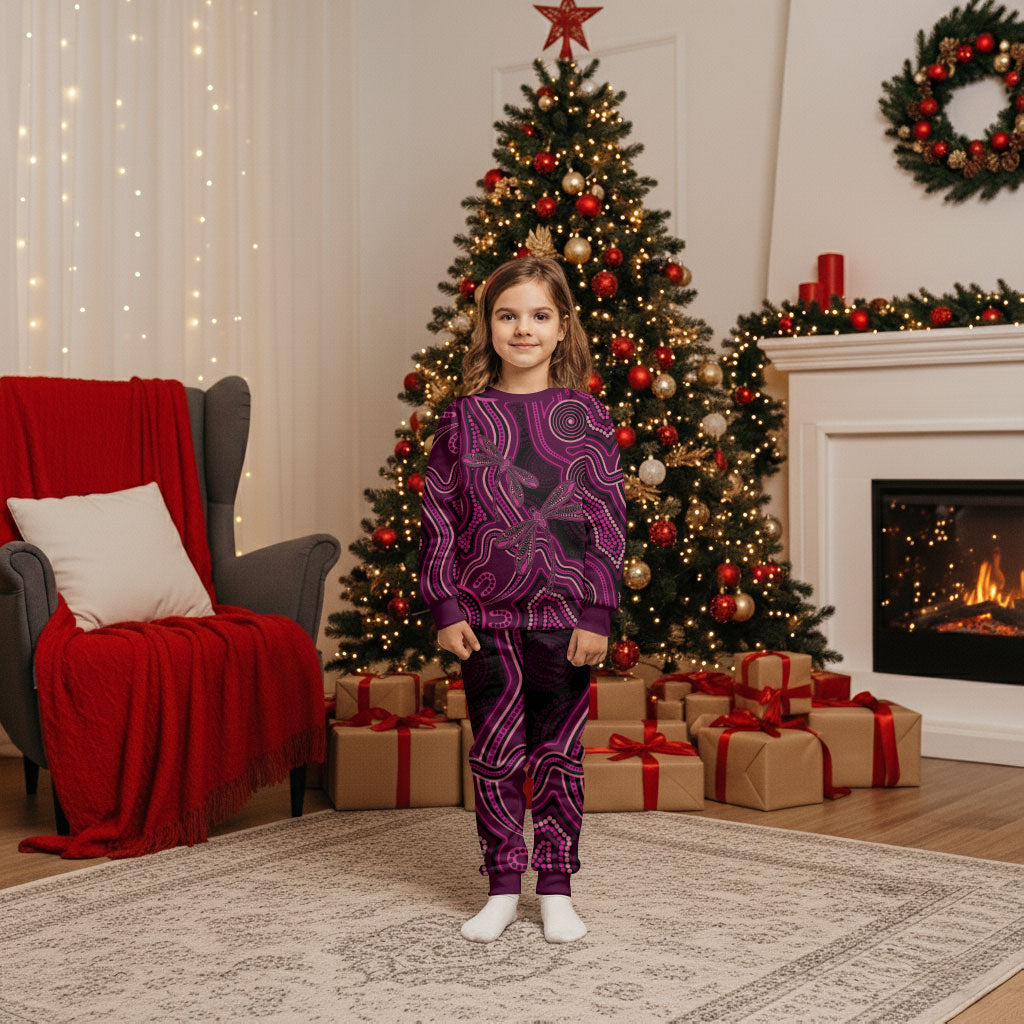 Australia Breast Cancer Support Christmas Pajama Set Pink Dragonflies Aboriginal Art