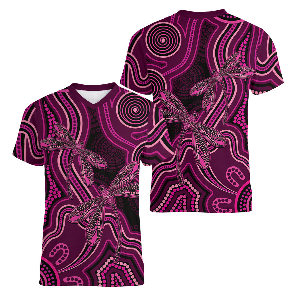 Australia Breast Cancer Support Women V-Neck T-Shirt Pink Dragonflies Aboriginal Art