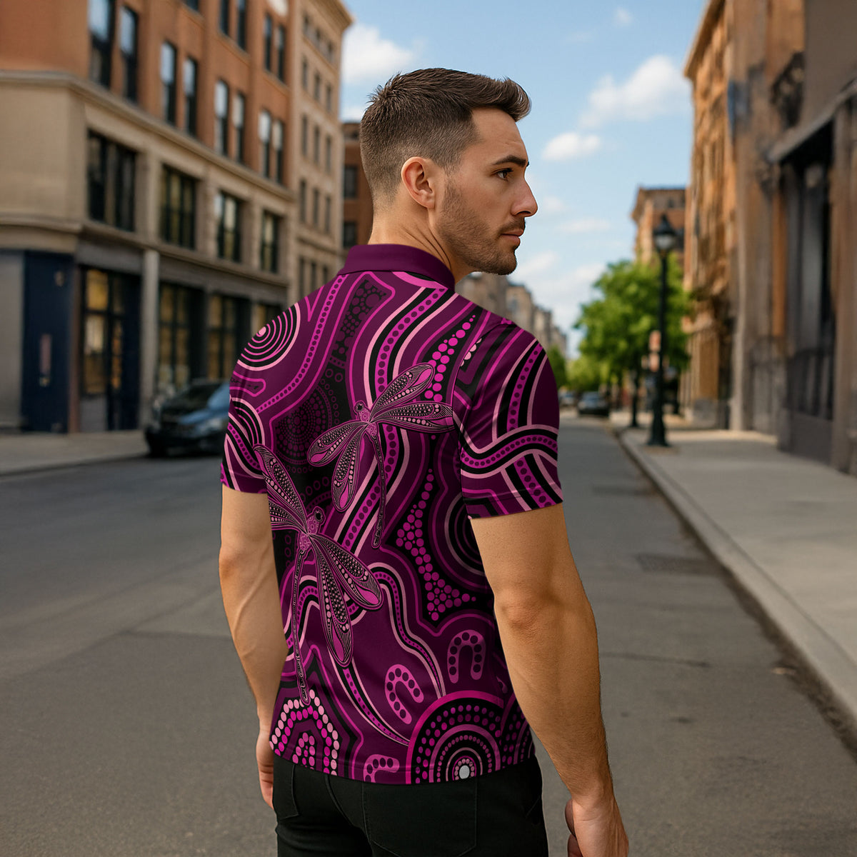 Australia Breast Cancer Support Zipper Polo Shirt Pink Dragonflies Aboriginal Art