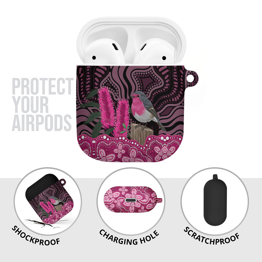 Australia Indigenous AirPods Case Breast Cancer Pink Robin Bottlebrush Aboriginal Art