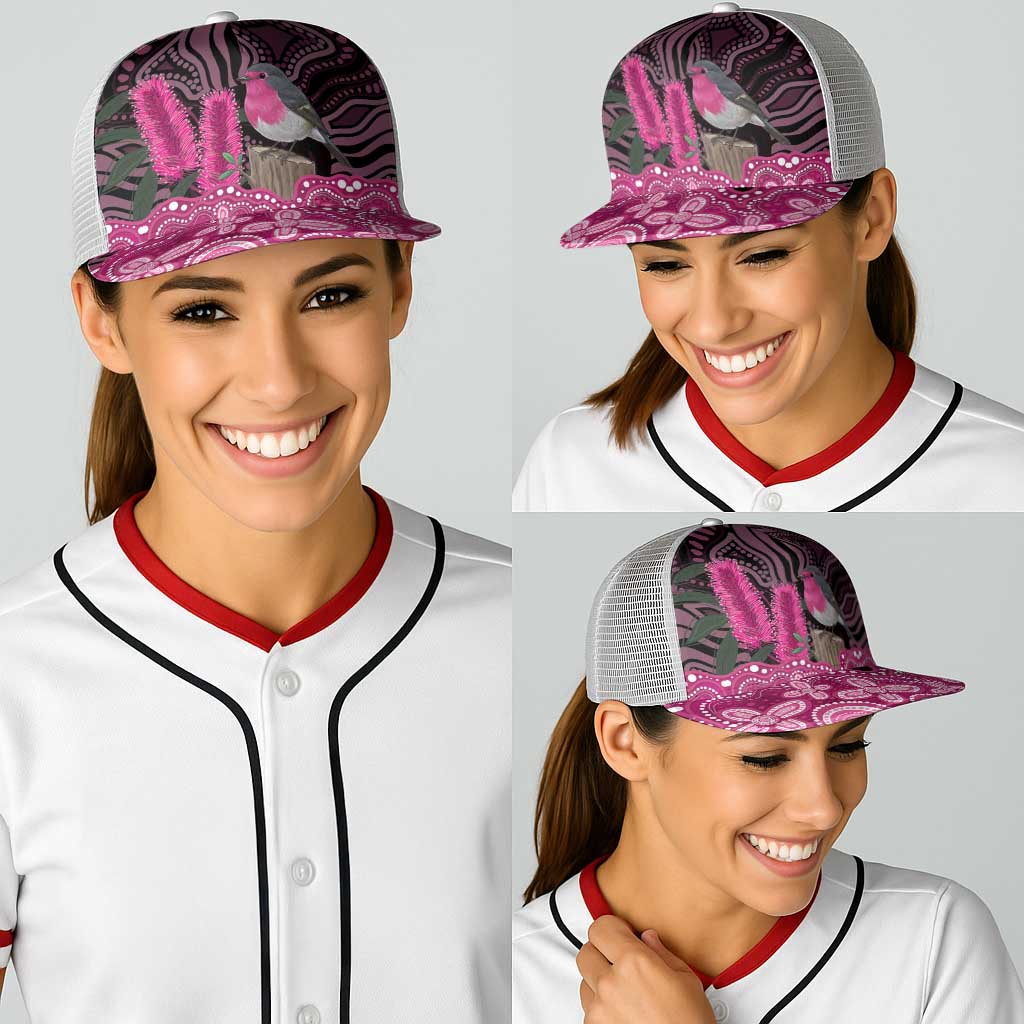Australia Indigenous Baseball Net Cap Breast Cancer Pink Robin Bottlebrush Aboriginal Art