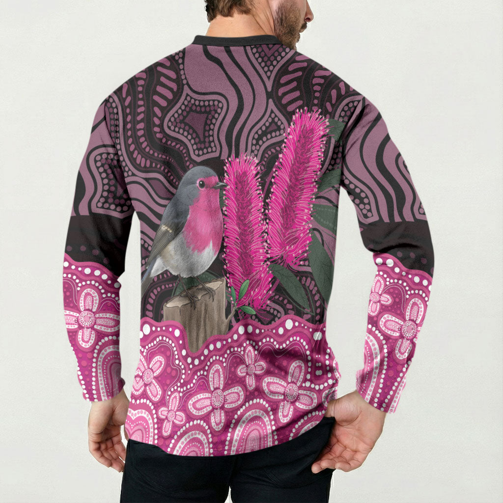 Australia Indigenous Button Sweatshirt Breast Cancer Pink Robin Bottlebrush Aboriginal Art