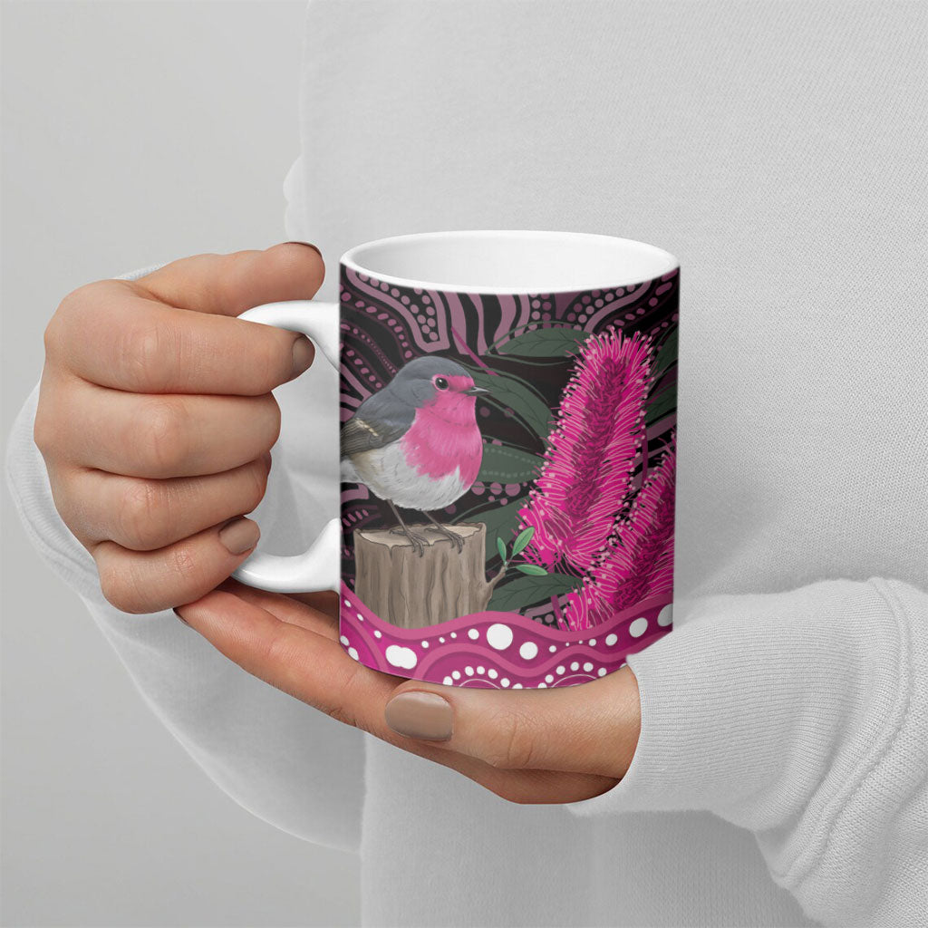 Australia Indigenous Ceramic Mug Breast Cancer Pink Robin Bottlebrush Aboriginal Art