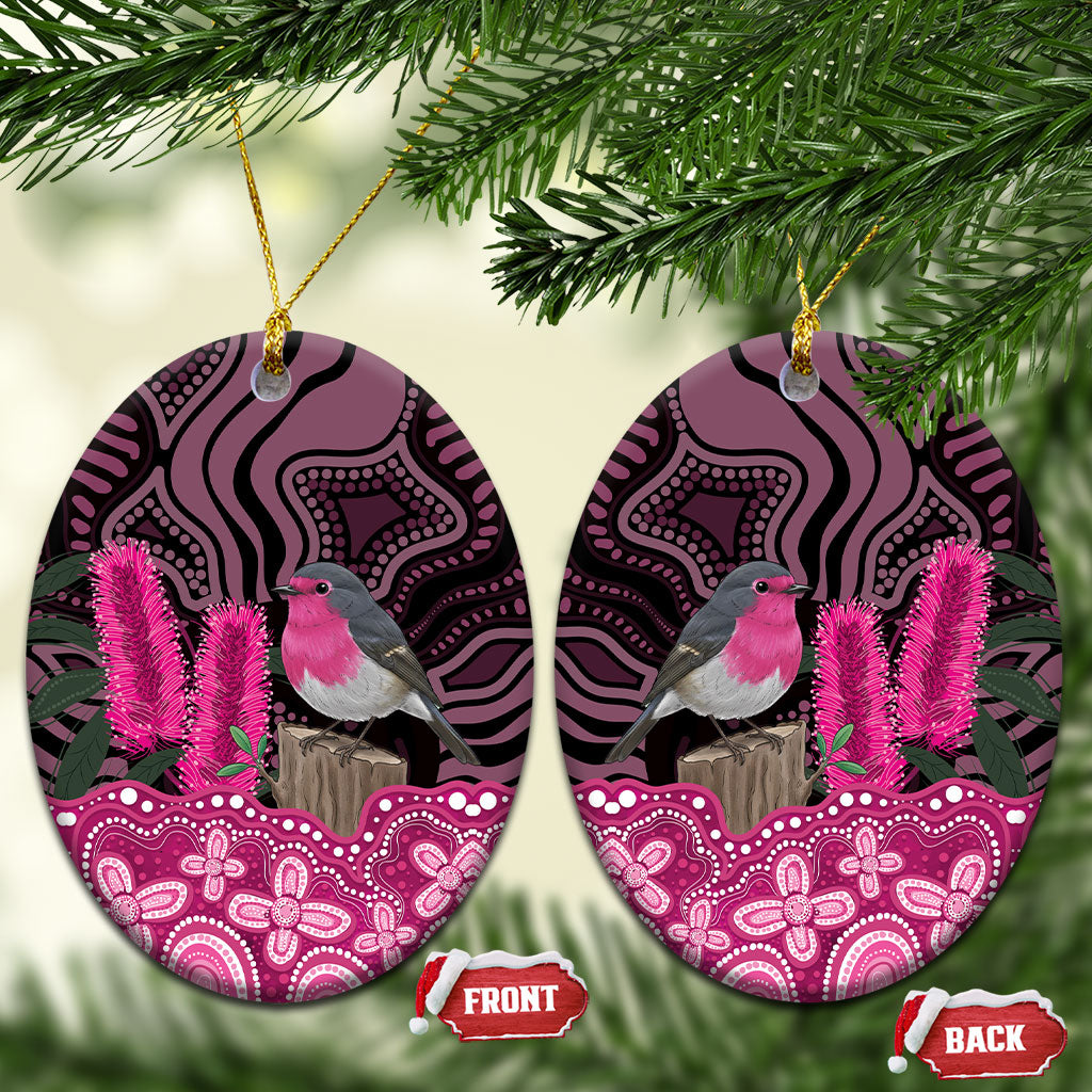 Australia Indigenous Ceramic Ornament Breast Cancer Pink Robin Bottlebrush Aboriginal Art