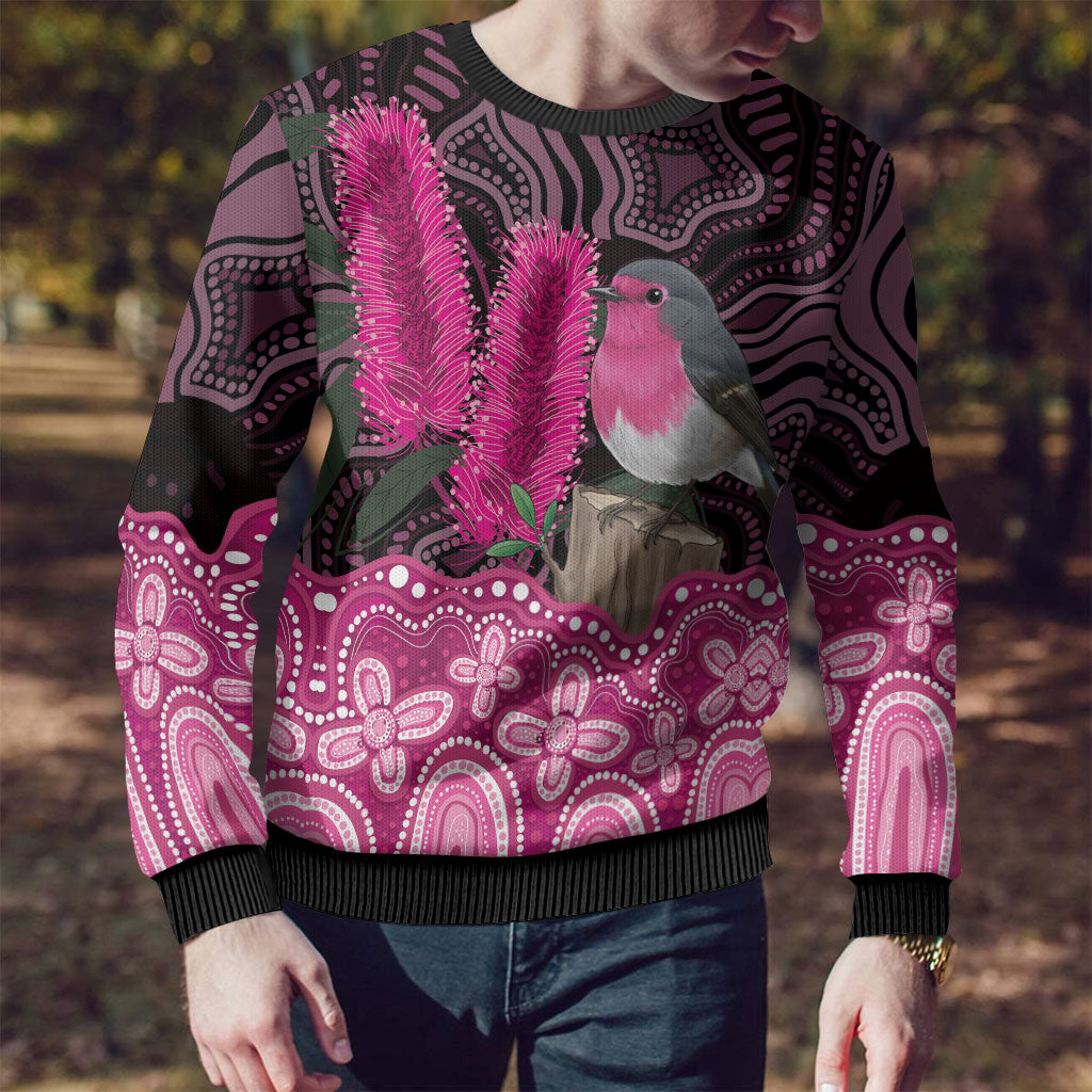 Australia Indigenous Ugly Christmas Sweater Breast Cancer Pink Robin Bottlebrush Aboriginal Art