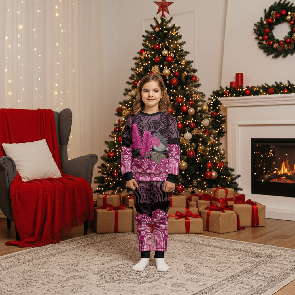 Australia Indigenous Christmas Pajama Set Breast Cancer Pink Robin Bottlebrush Aboriginal Art