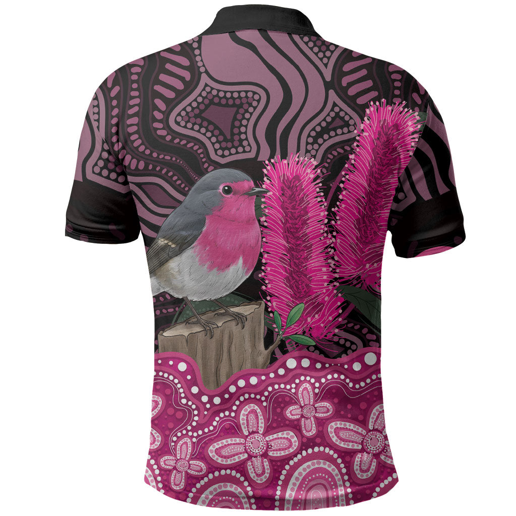 Australia Indigenous Polo Shirt Breast Cancer Pink Robin Bottlebrush Aboriginal Art