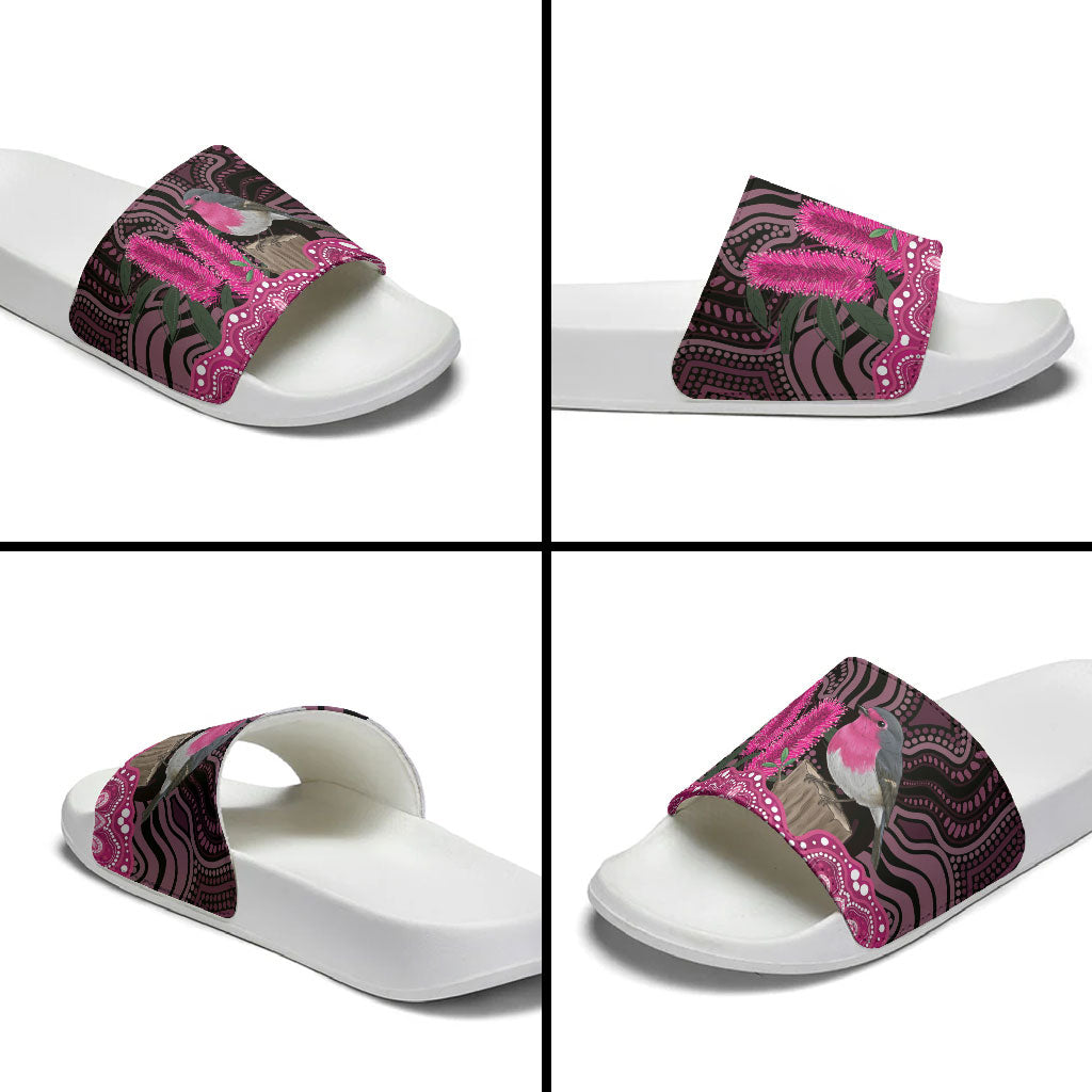 Australia Indigenous Slide Sandals Breast Cancer Pink Robin Bottlebrush Aboriginal Art