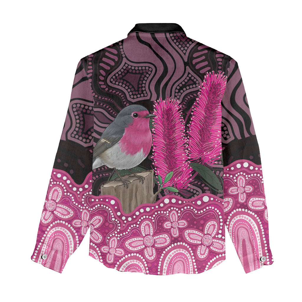 Australia Indigenous Women Casual Shirt Breast Cancer Pink Robin Bottlebrush Aboriginal Art