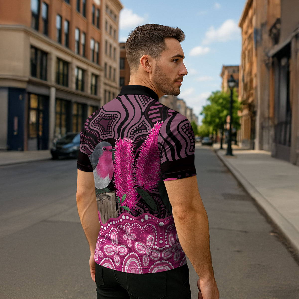 Australia Indigenous Zipper Polo Shirt Breast Cancer Pink Robin Bottlebrush Aboriginal Art