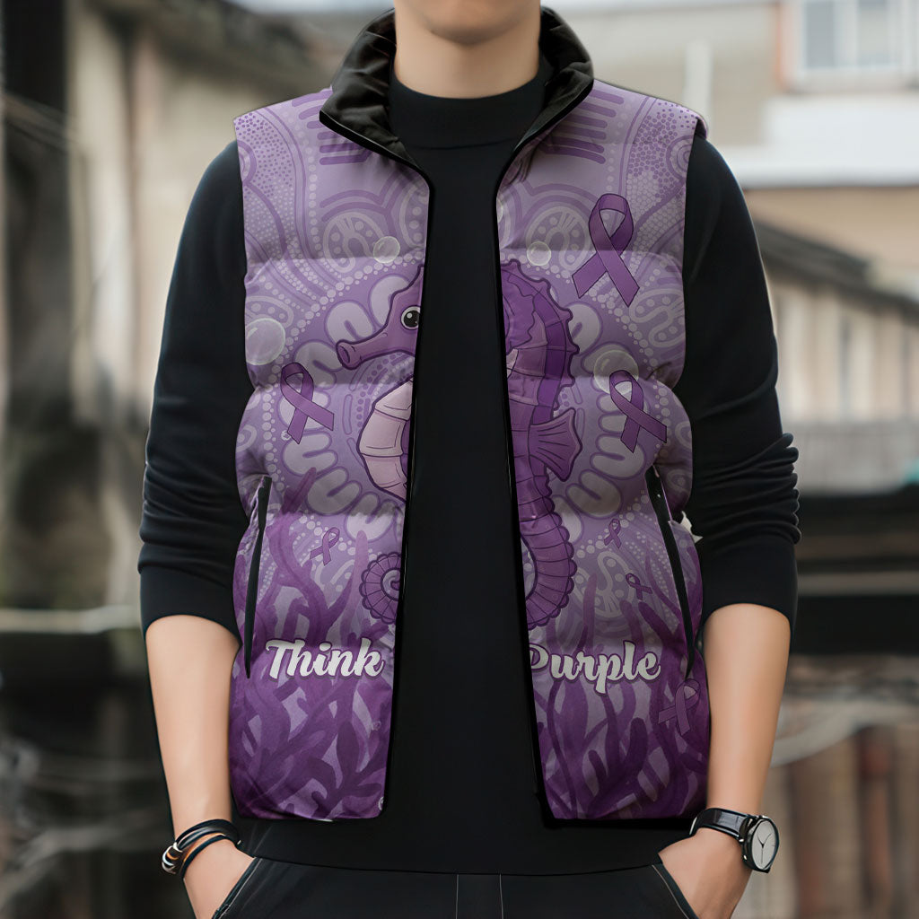 Australia Epilepsy Support Sleeveless Puffer Jacket Seahorse Think Purple Ribbon Aboriginal
