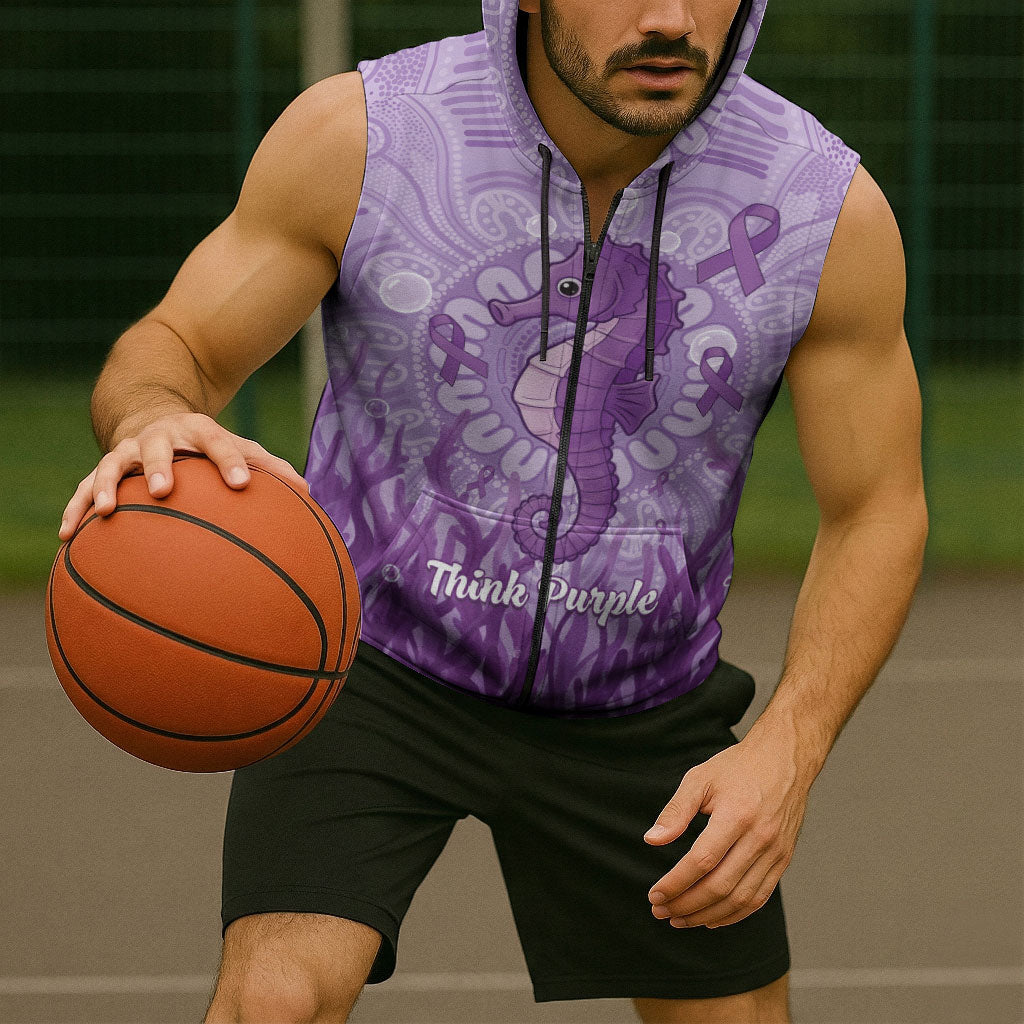 Australia Epilepsy Support Sleeveless Zip Hoodie Seahorse Think Purple Ribbon Aboriginal